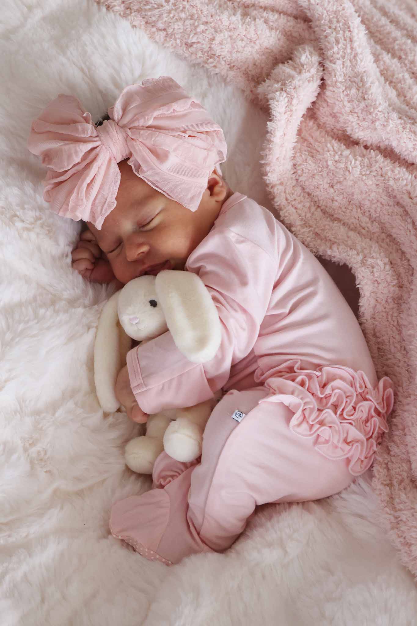Baby Pink Bamboo Ruffle Zipper Footie - Image 13