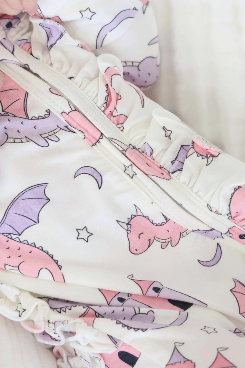 Dragon Adventure Ruffle Zipper Footie | Pink - Image 12