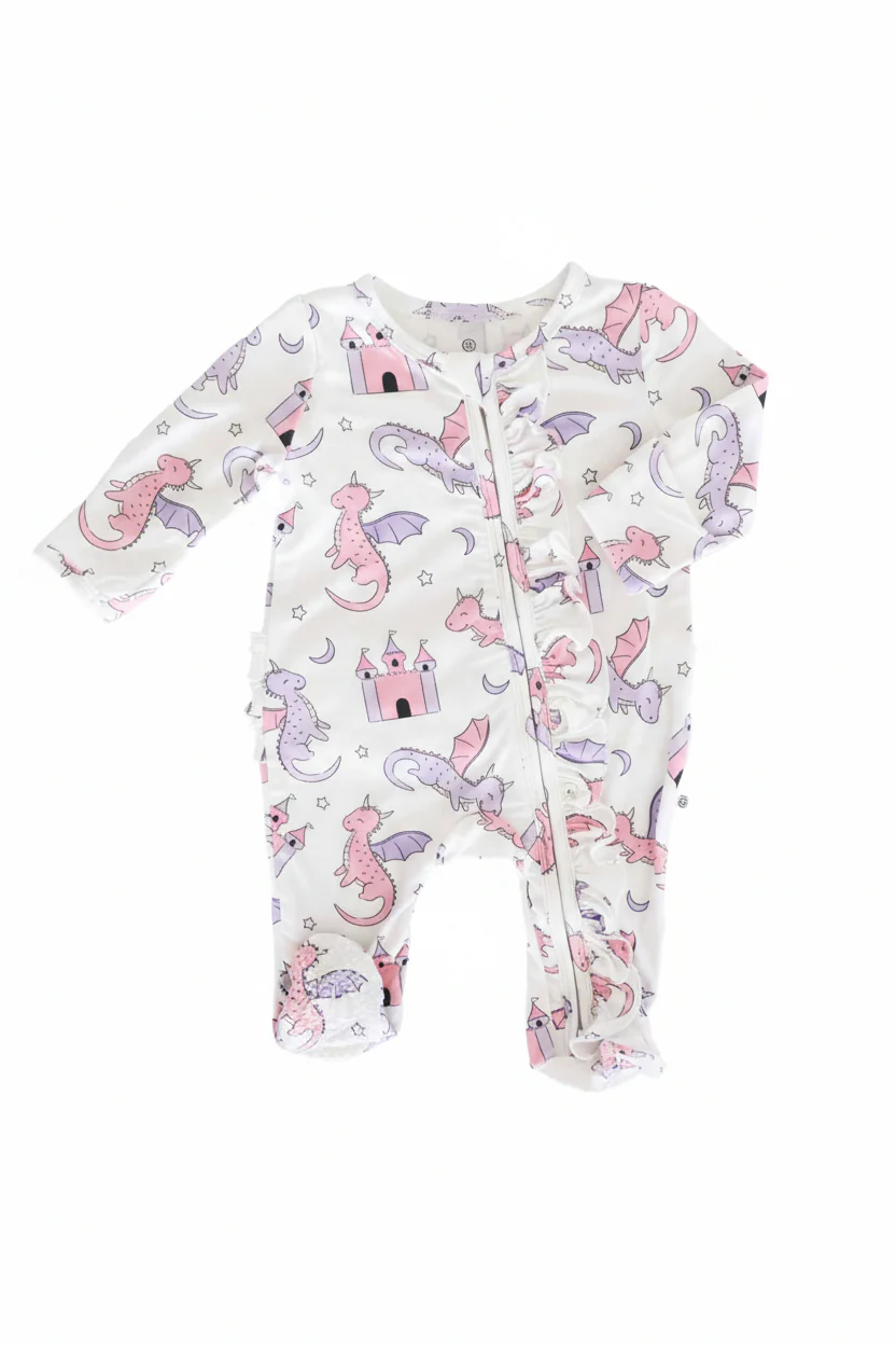 Dragon Adventure Ruffle Zipper Footie | Pink - Image 2