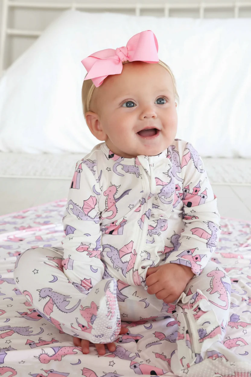 Dragon Adventure Ruffle Zipper Footie | Pink - Image 3