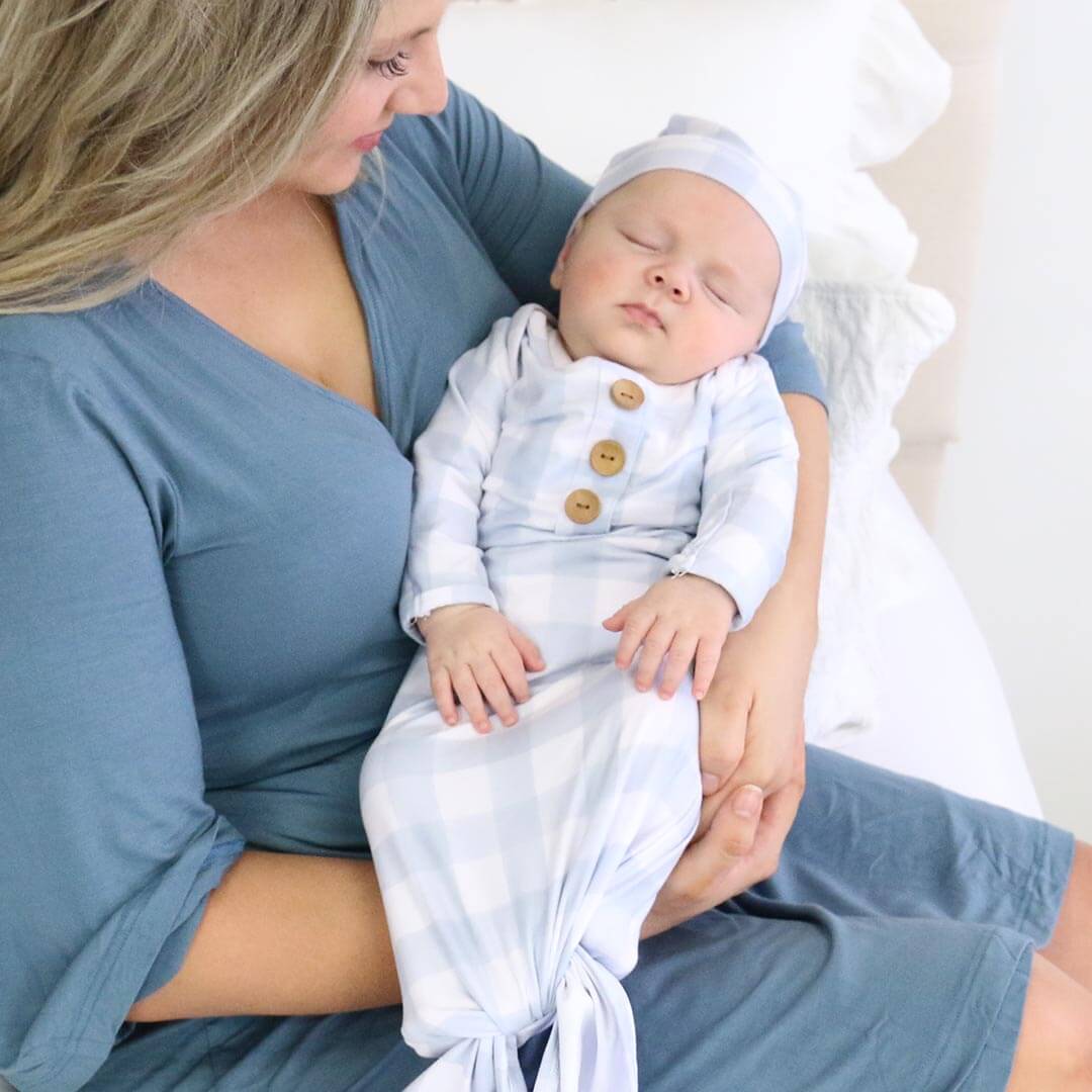 Dusty Blue Gingham Newborn Baby Knot Gown & Hat Set - Image 4