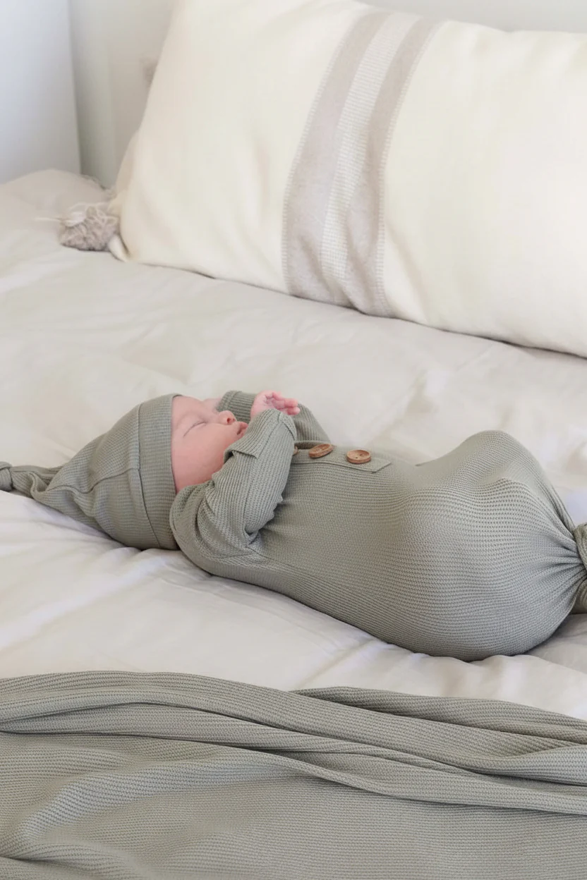 Eucalyptus Bamboo Waffle Newborn Baby Knot Gown & Hat Set - Image 3