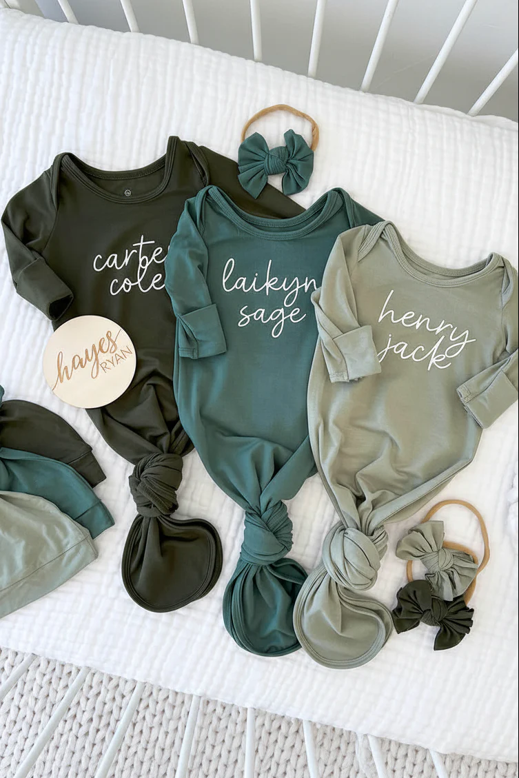 Boy Personalized Bamboo Newborn Baby Knot Gown & Hat - Image 4