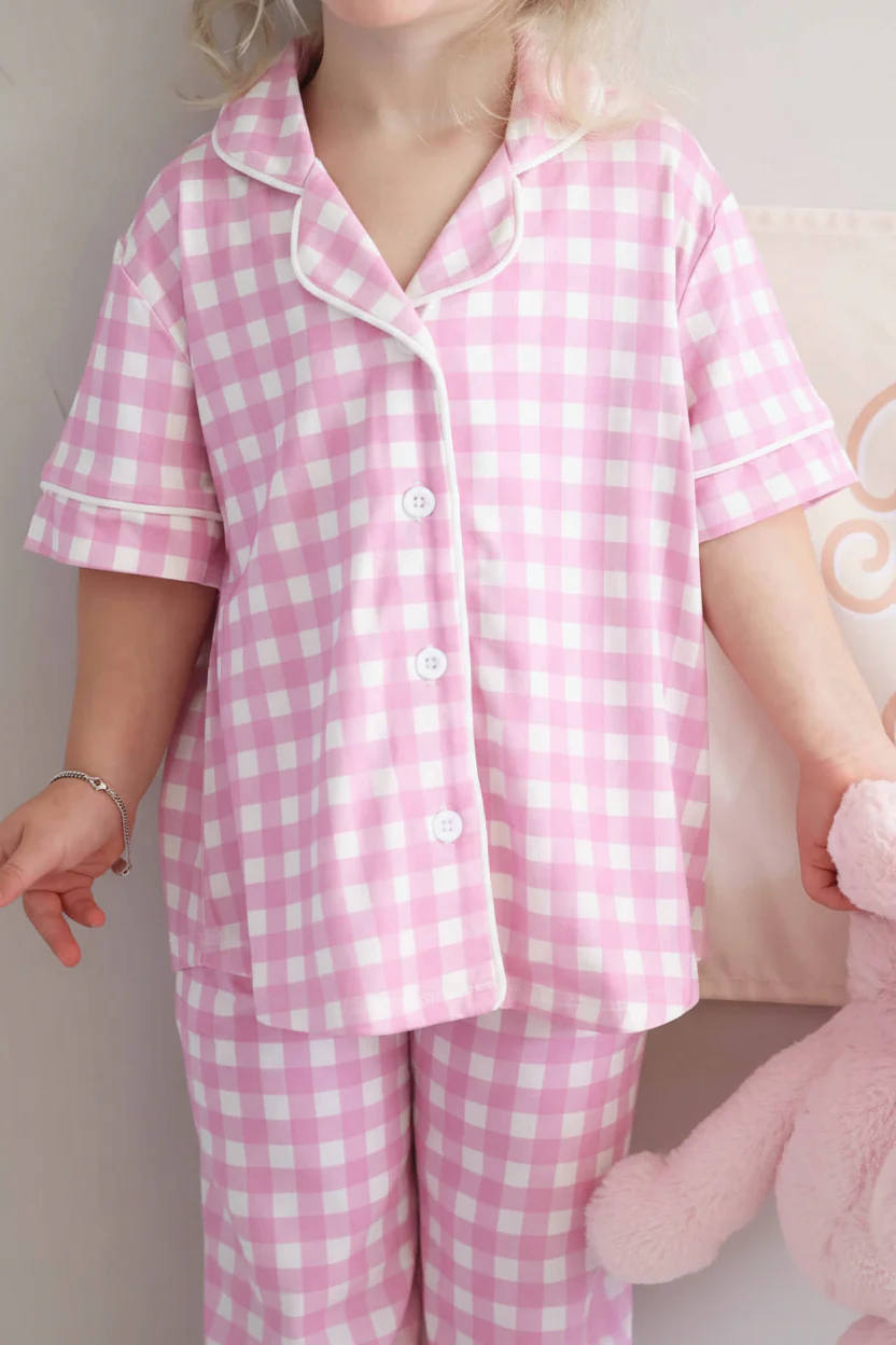 Girl's Two Piece Flare Lounge Set | Pink Gingham - Image 4