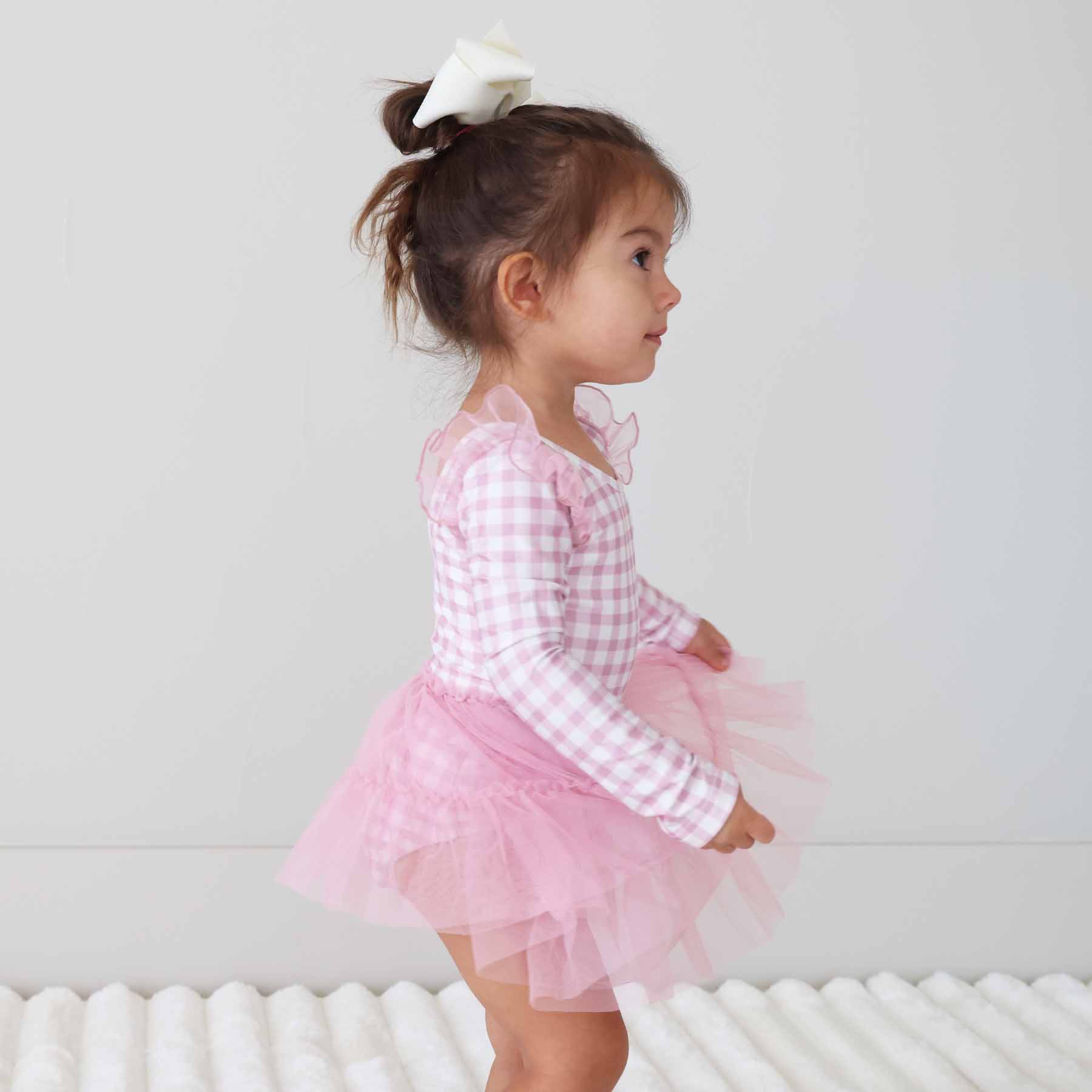 Long Sleeve Ruffle Skirt Leotard | Girly Gingham - Image 8