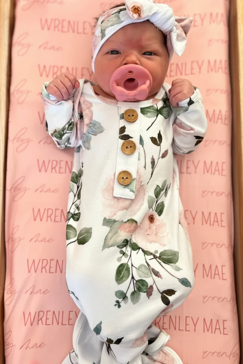Millie's Dusty Rose Garden Newborn Baby Knot Gown & Hat Set - Image 4