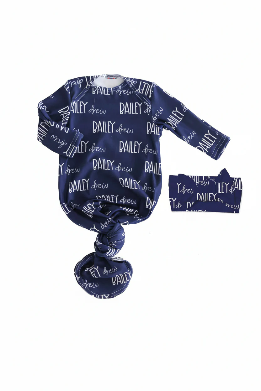 Personalized Font Duo Newborn Baby Knot Gown | Best Selling Blues - Image 11