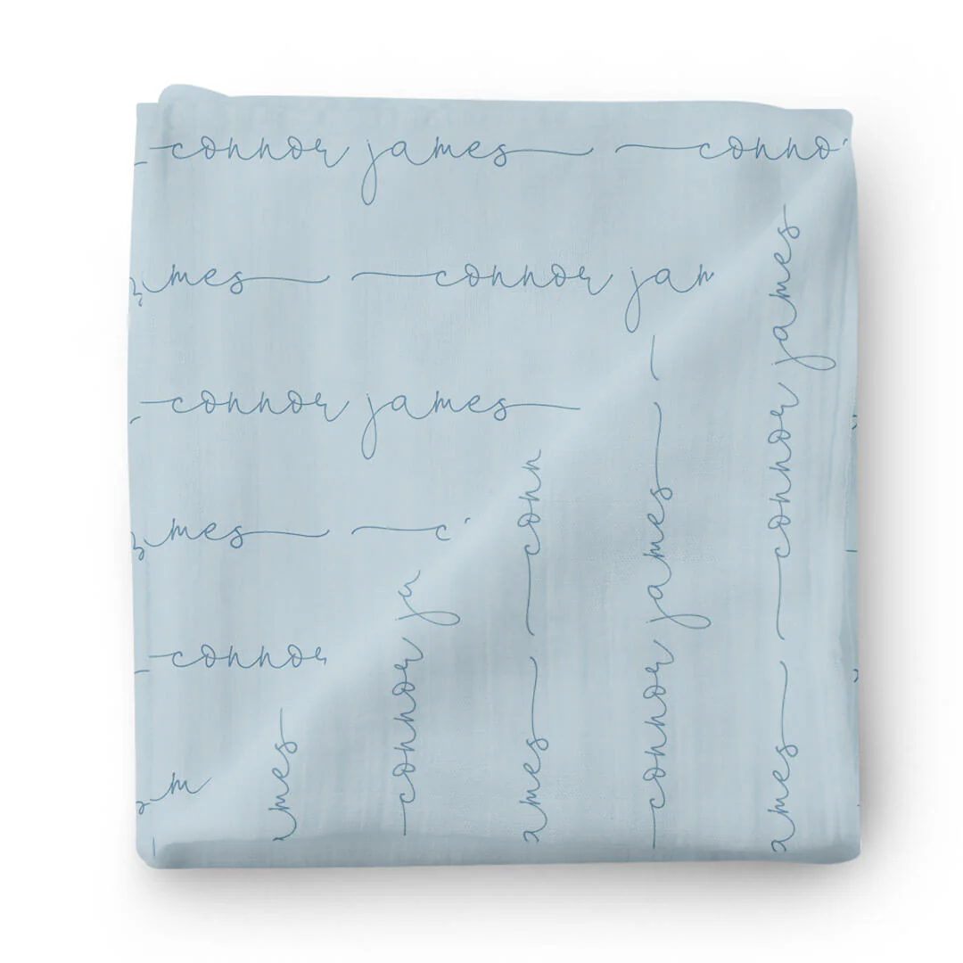 Personalized Light Dusty Blue Baby Name Swaddle Blanket - Script - Image 2