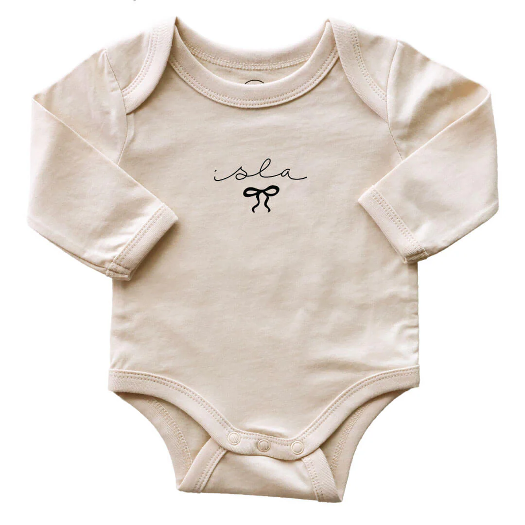 Personalized Little Bow Long Sleeve Graphic Bodysuit | Natural - Image 2