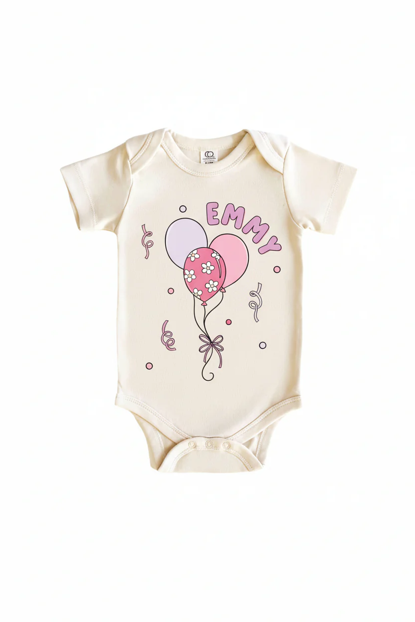 Personalized Pink Party Time Graphic Bodysuit & Kids Tee | Natural - Image 2