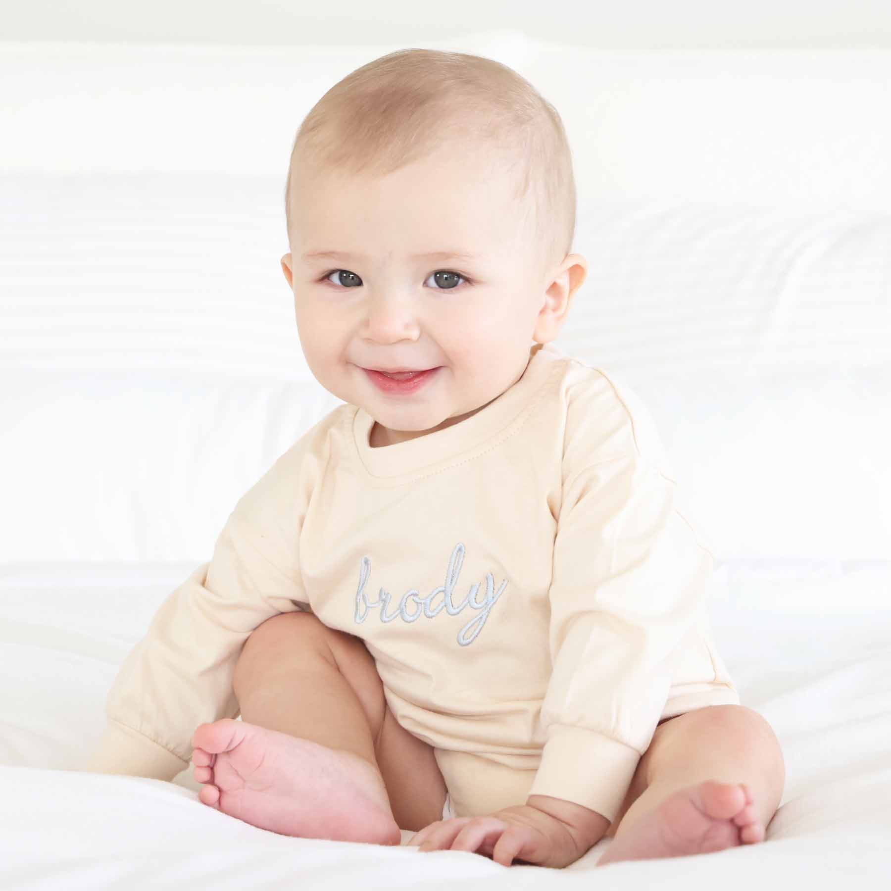 Embroidered Script Name Long Sleeve Bubble Romper | Natural - Image 5