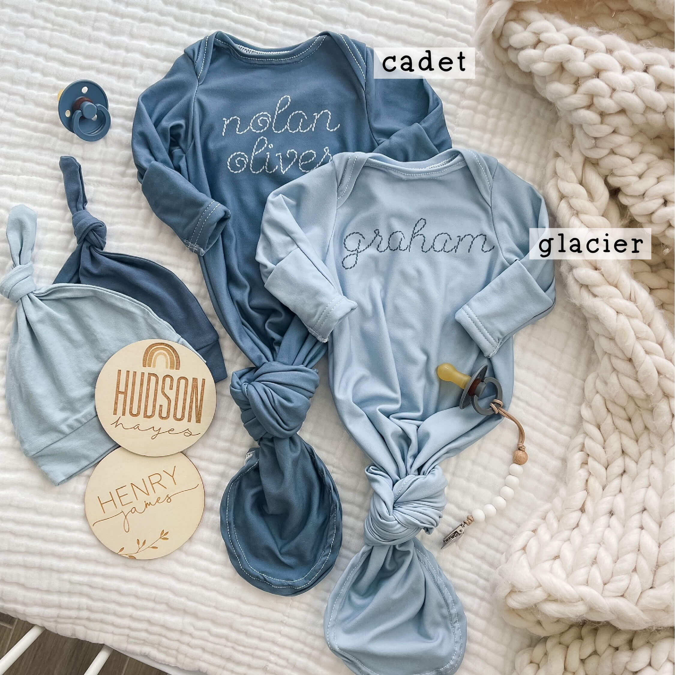 Personalized Stitched Newborn Baby Knot Gown | Ocean Blues - Image 5