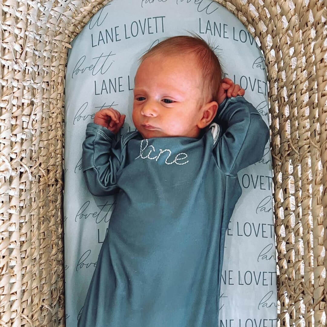 Personalized Stitched Newborn Baby Knot Gown | Ocean Blues - Image 7