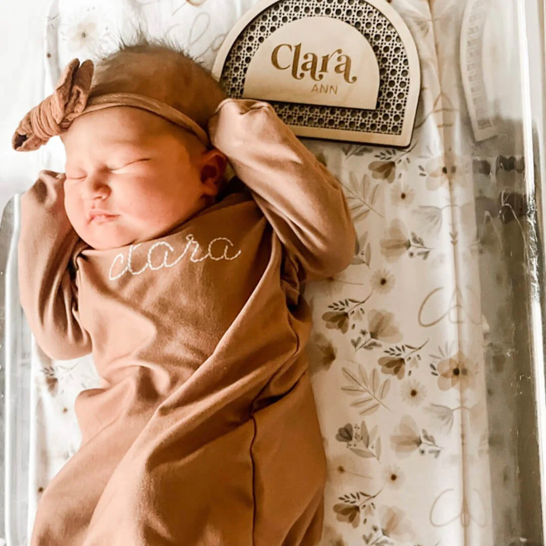 Personalized Stitched Newborn Baby Knot Gown | Warm Neutrals - Image 2