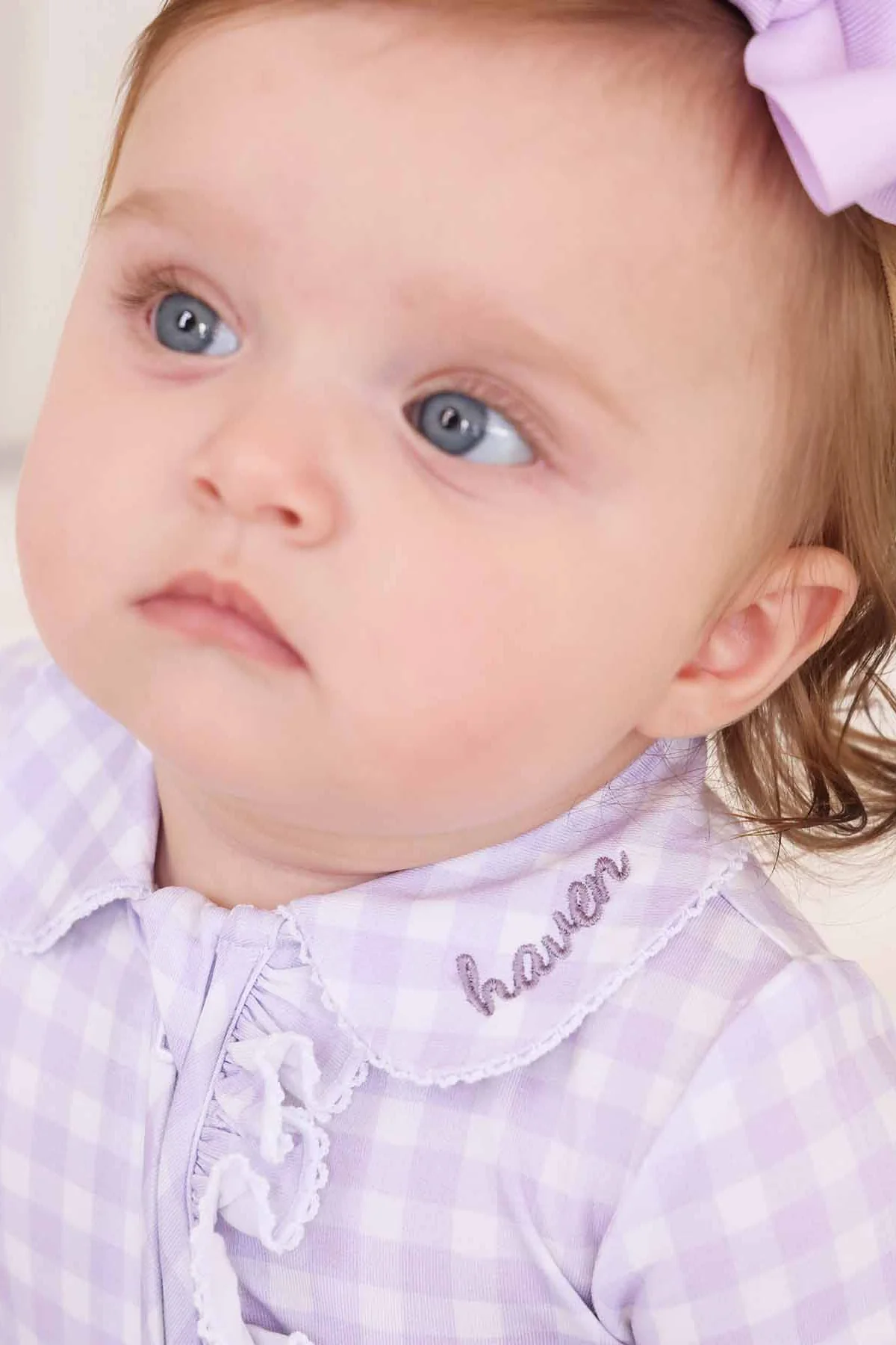 Peter Pan Collar Ruffle Zipper Footie | Lilac Gingham - Image 4