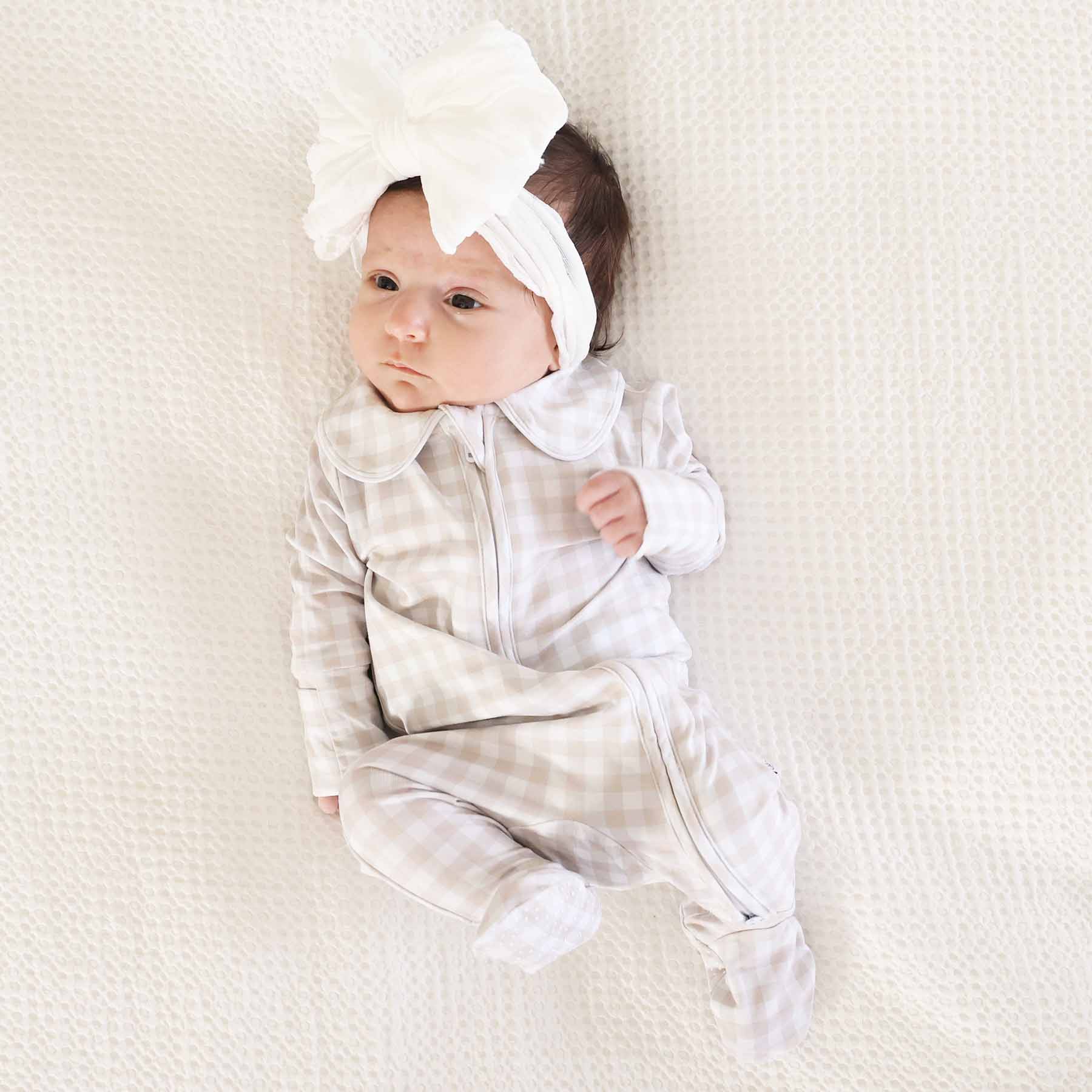 Peter Pan Collar Zipper Footie | Taupe Gingham - Image 13