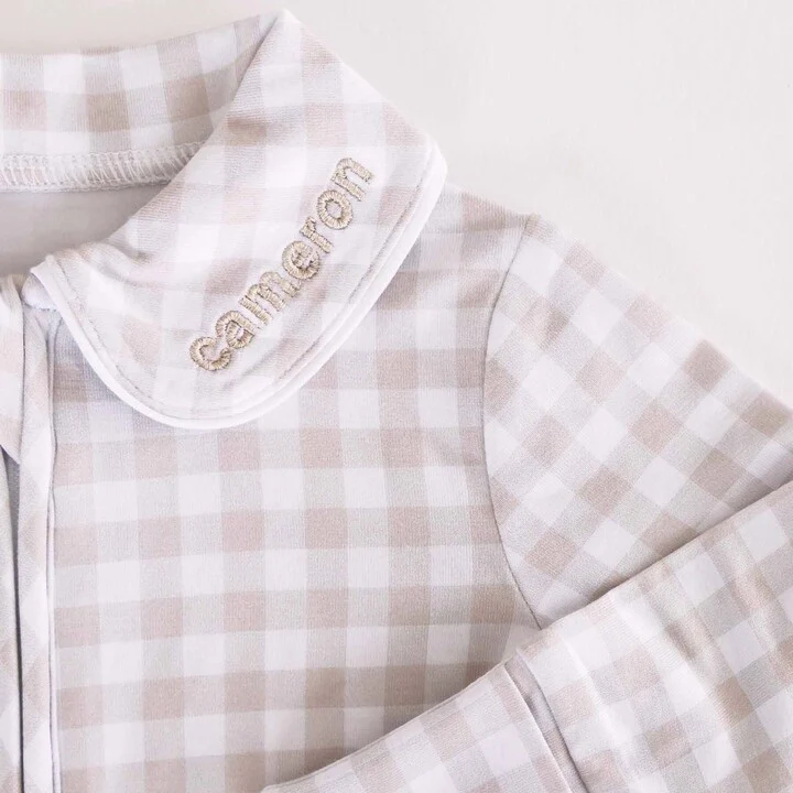 Peter Pan Collar Zipper Footie | Taupe Gingham - Image 2