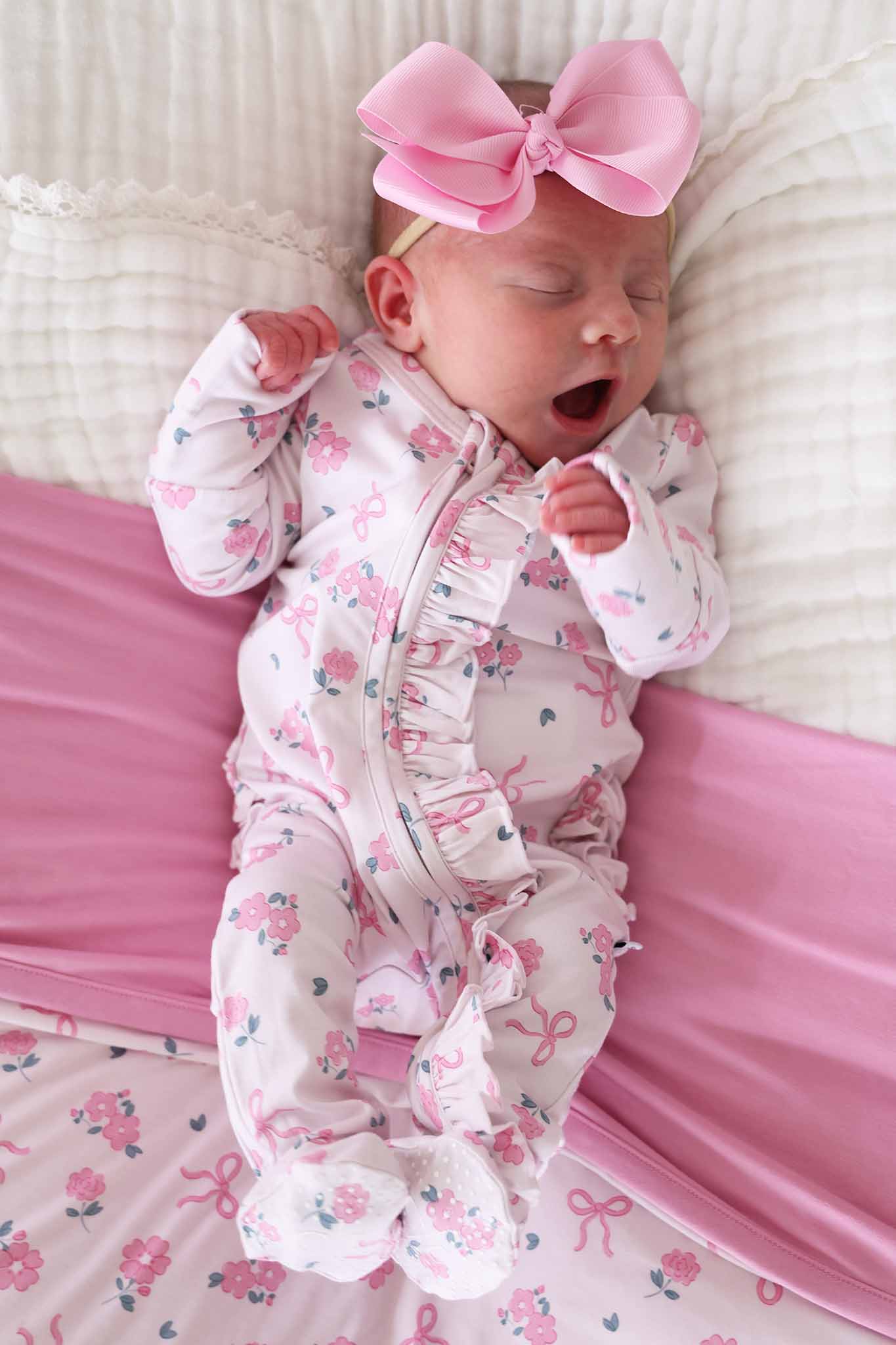 Ribbon & Roses Ruffle Zipper Footie | Pink - Image 7