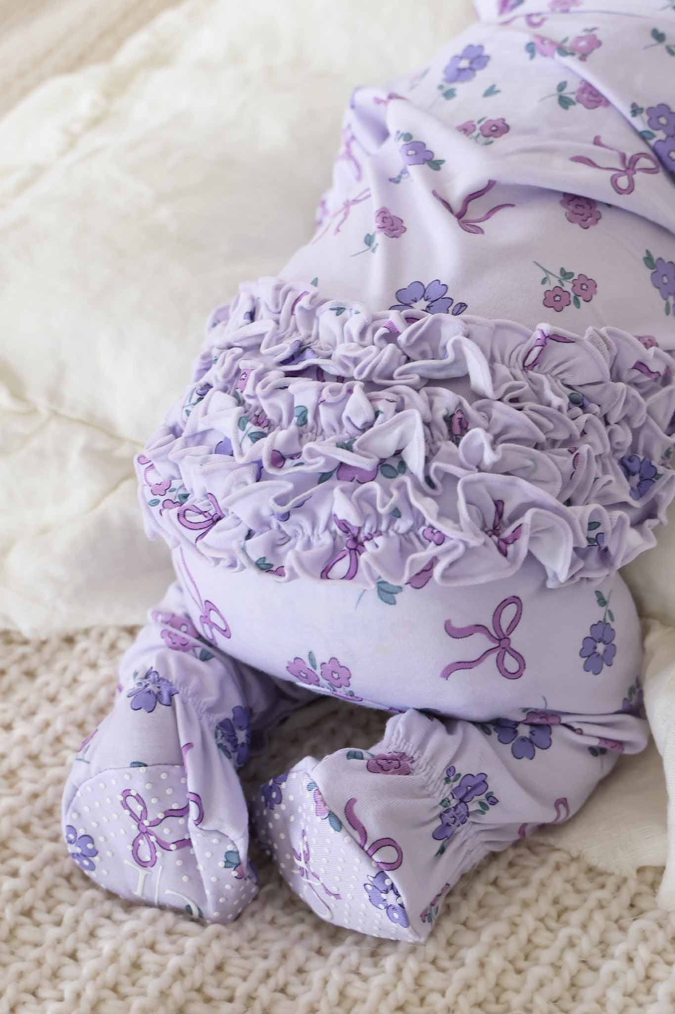 Ribbon & Roses Ruffle Zipper Footie | Purple - Image 10