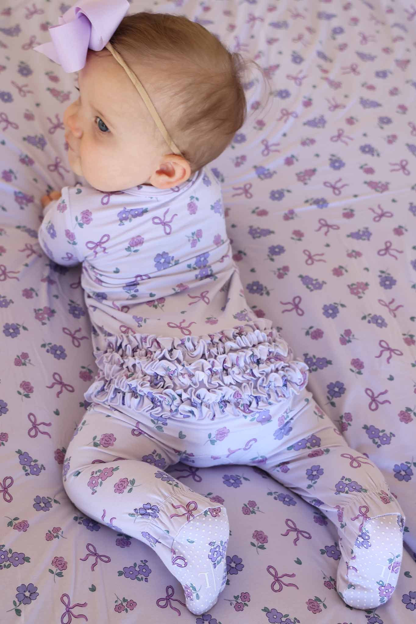 Ribbon & Roses Ruffle Zipper Footie | Purple - Image 17