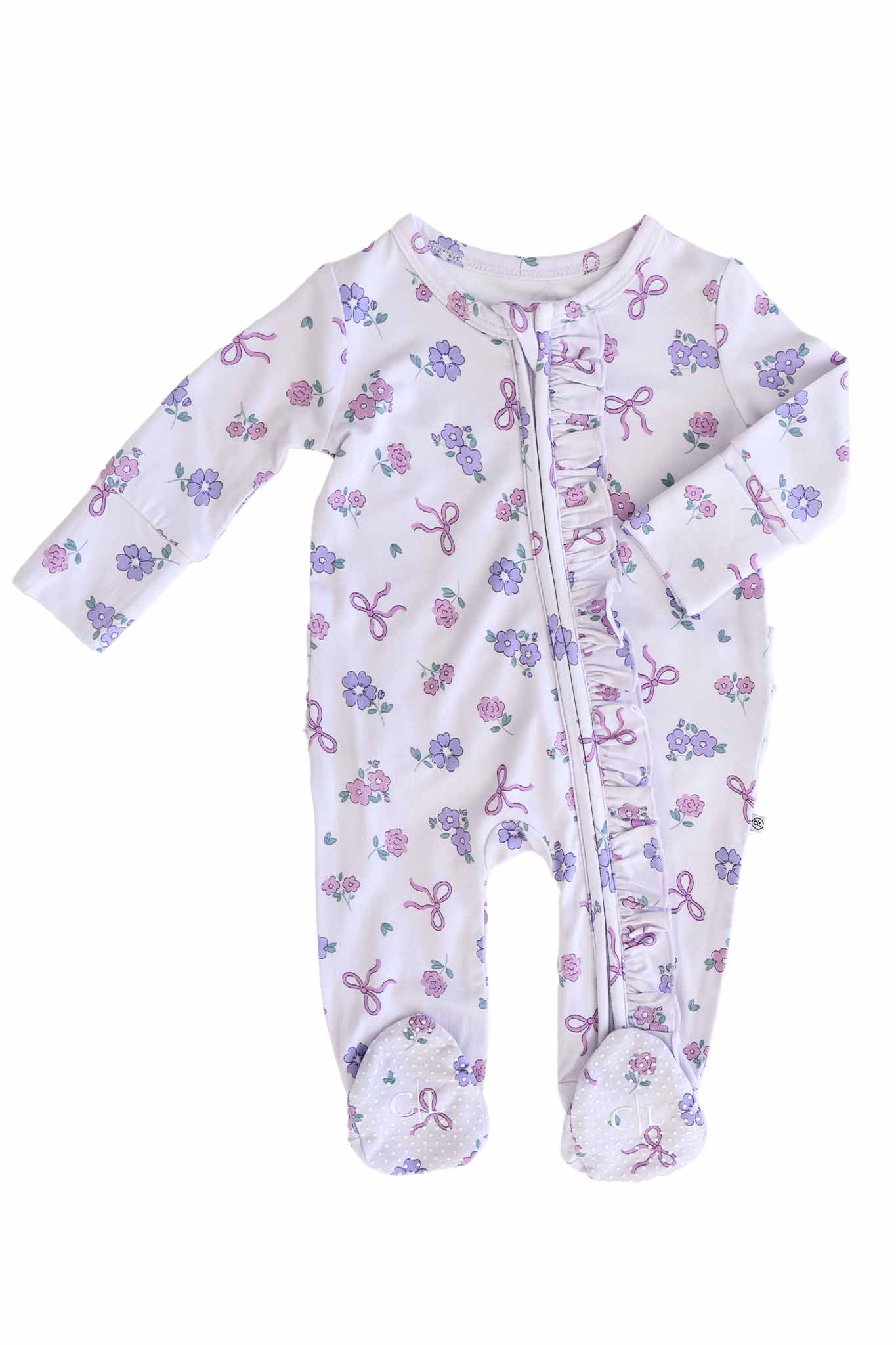 Ribbon & Roses Ruffle Zipper Footie | Purple - Image 2