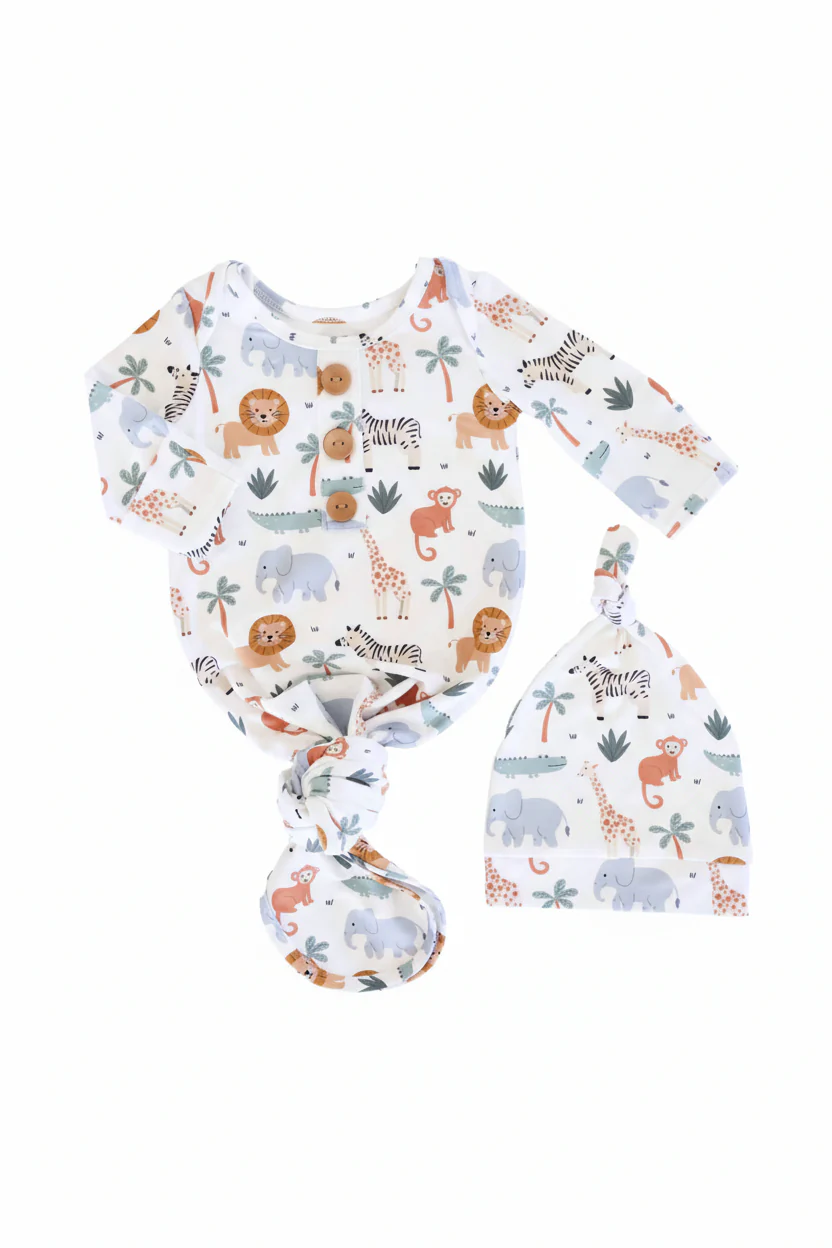 Safari Snuggles Newborn Baby Knot Gown & Hat Set - Image 2