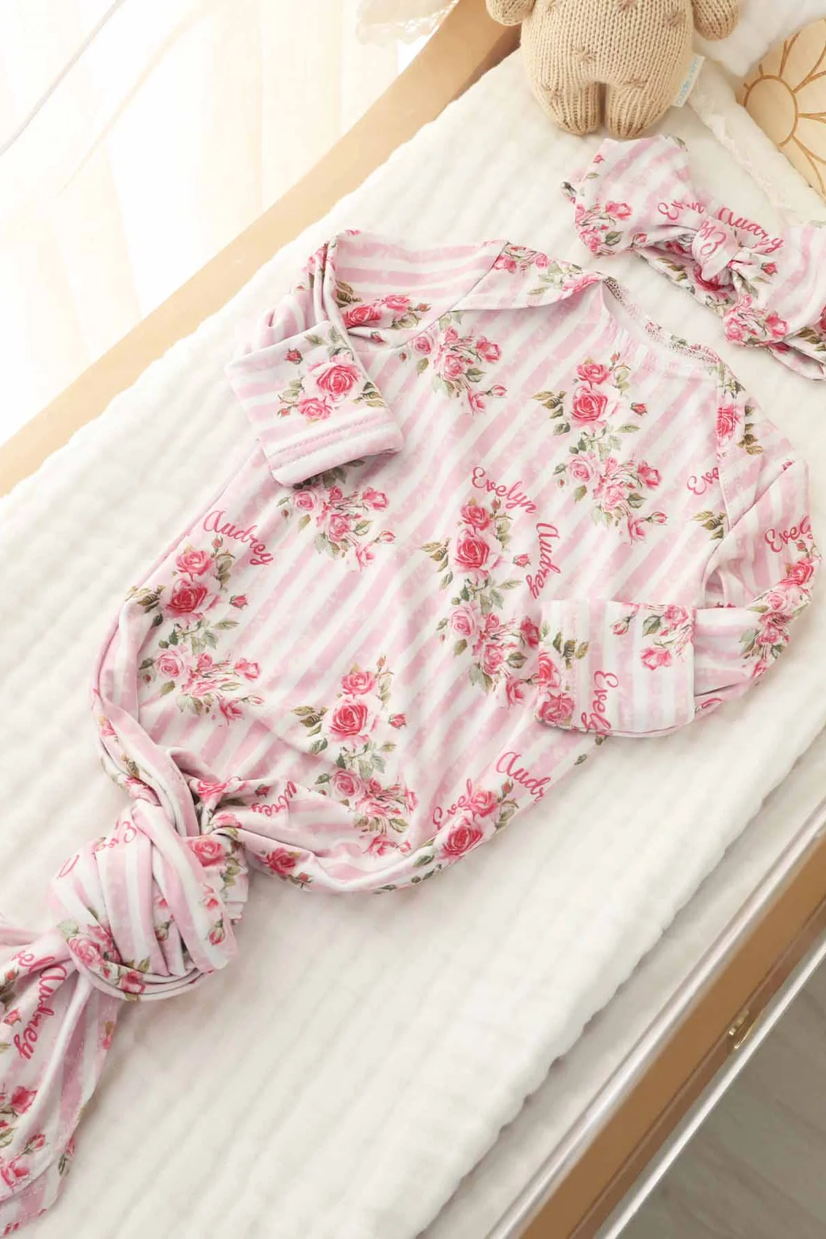 Shabby Chic Personalized Newborn Baby Knot Gown - Image 3