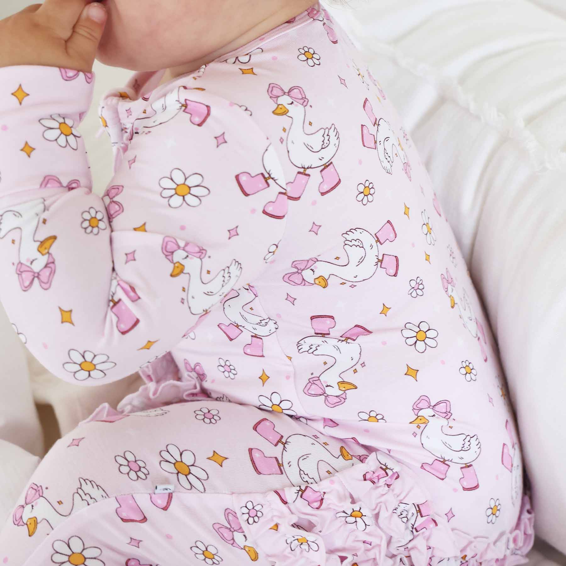 Silly Goose Ruffle Zipper Footie | Pink - Image 13