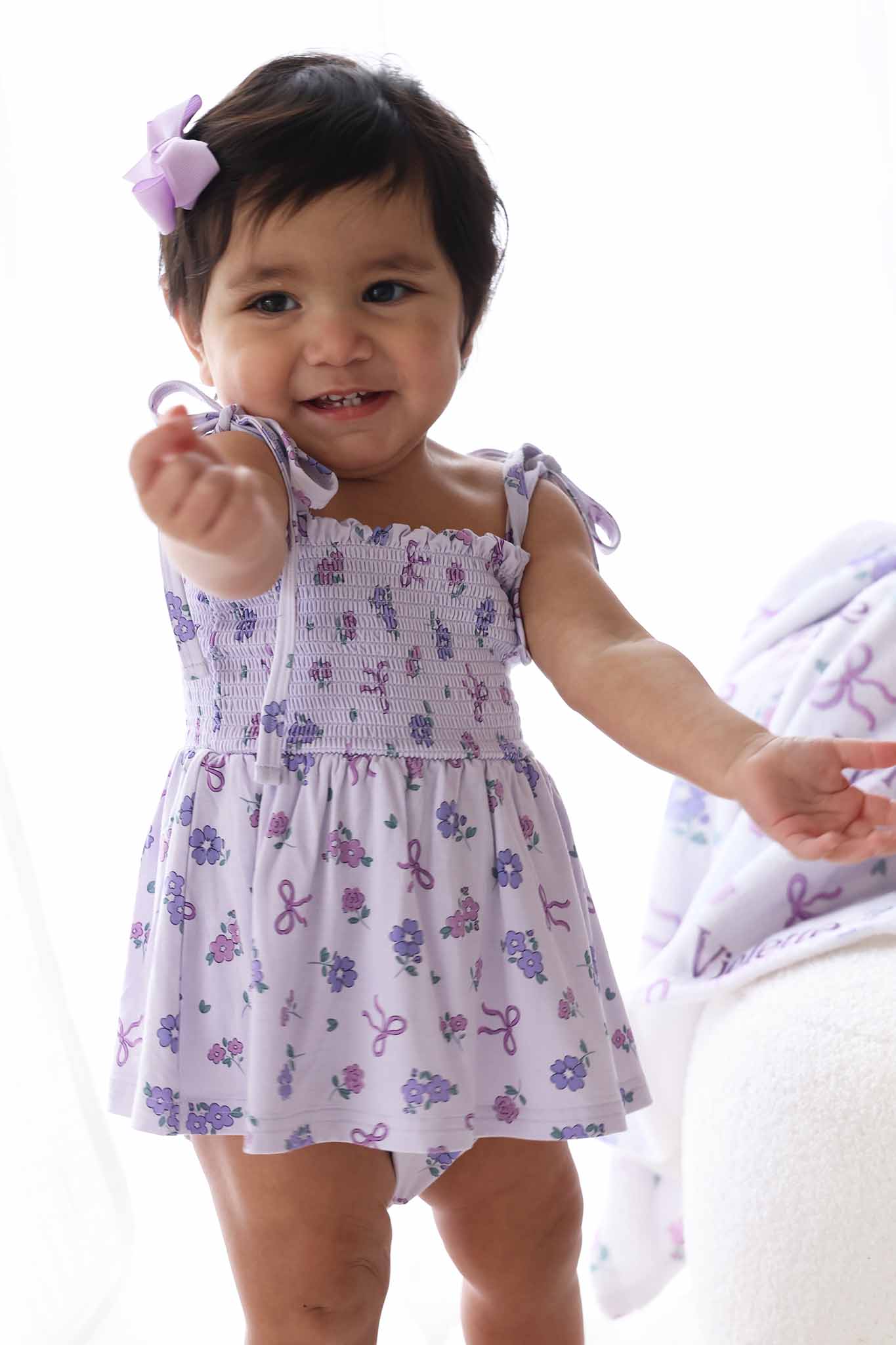 Smocked Twirl Bodysuit | Ribbon & Roses Purple - Image 6