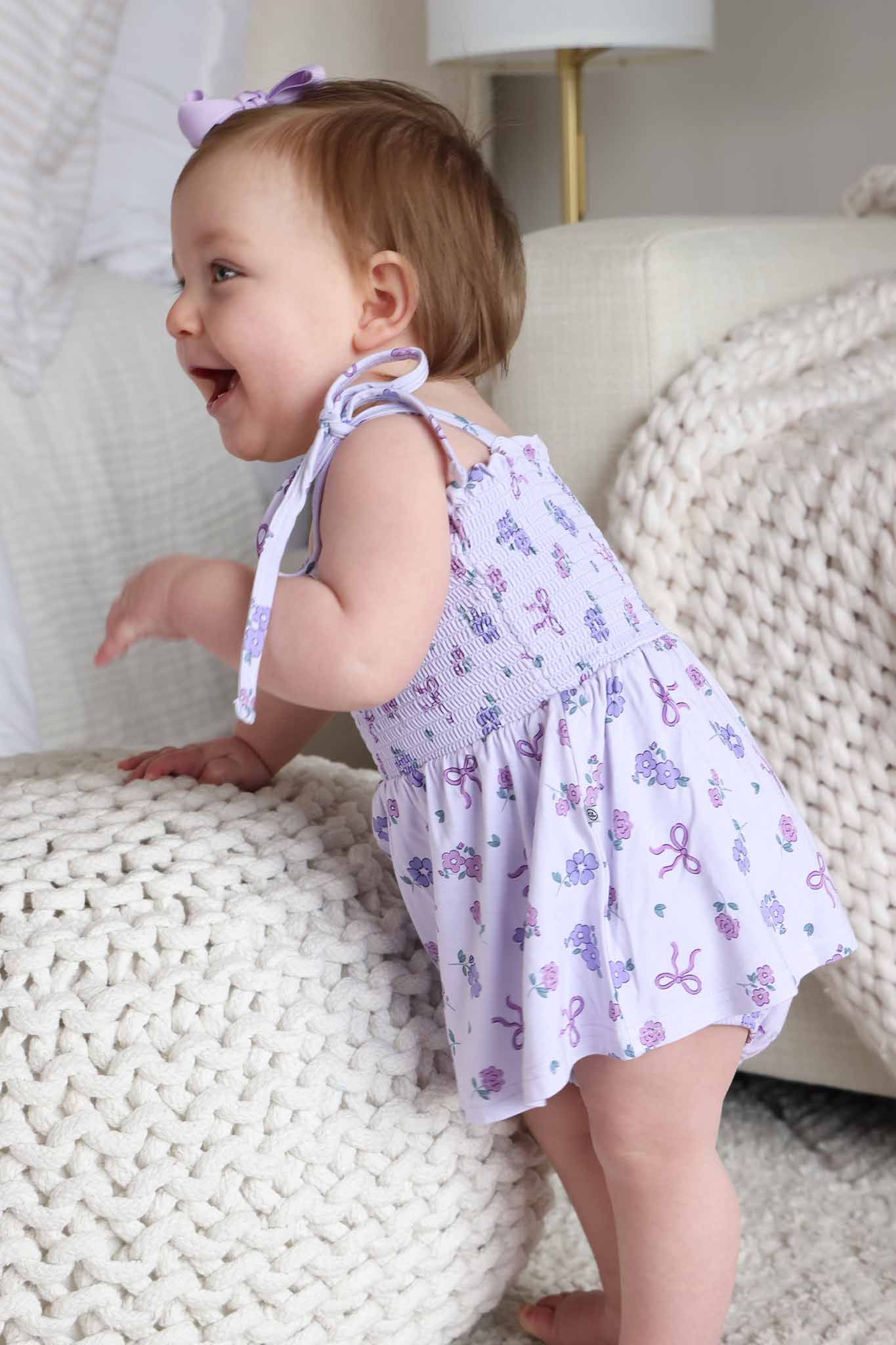 Smocked Twirl Bodysuit | Ribbon & Roses Purple - Image 7