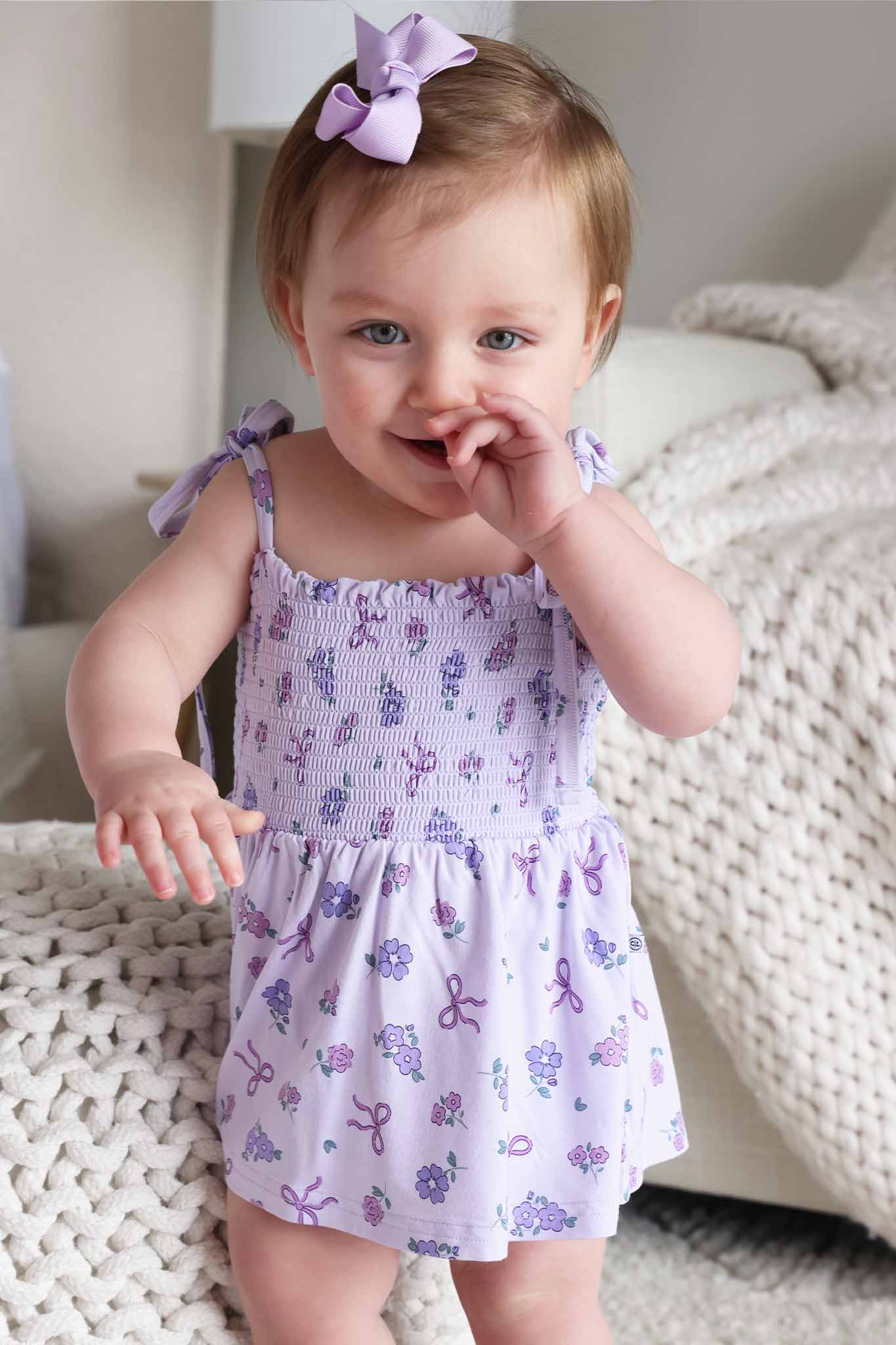 Smocked Twirl Bodysuit | Ribbon & Roses Purple - Image 8