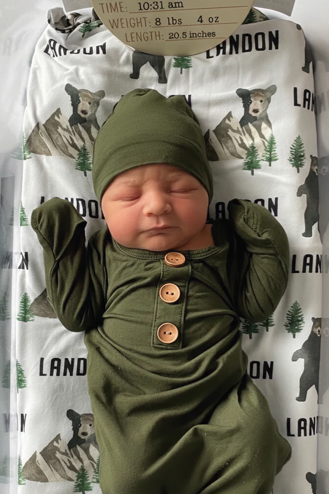 Solid Olive Bamboo Baby Knot Gown & Hat - Image 6