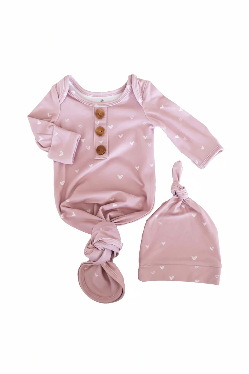 Tiny Hearts in Dusty Pink Newborn Baby Knot Gown & Hat Set - Image 3