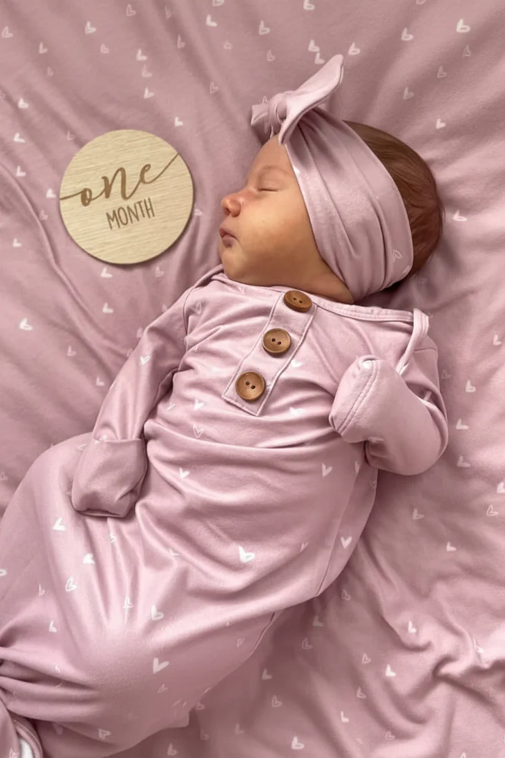 Tiny Hearts in Dusty Pink Newborn Baby Knot Gown & Hat Set - Image 4