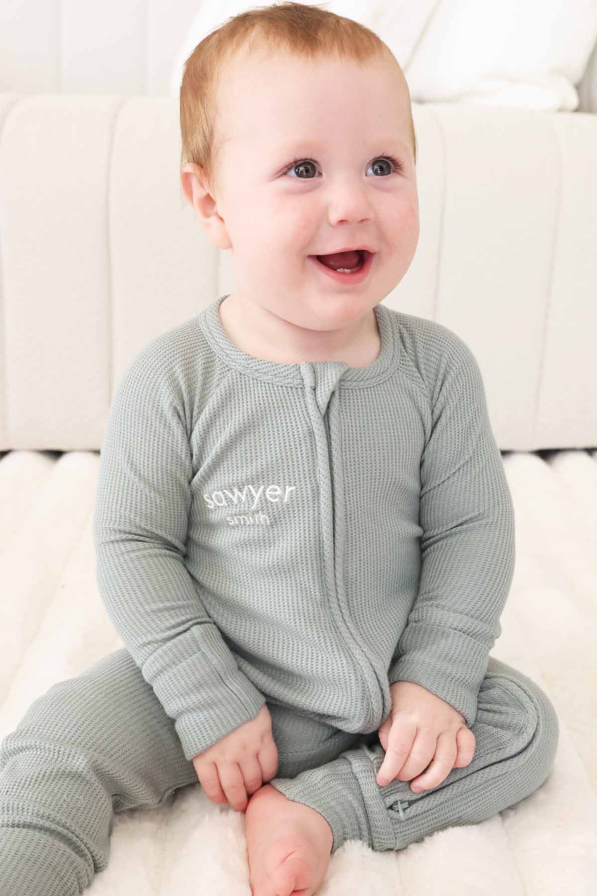Embroidered Bamboo Waffle Convertible Zip Rompers | Mountain Haze - Image 13